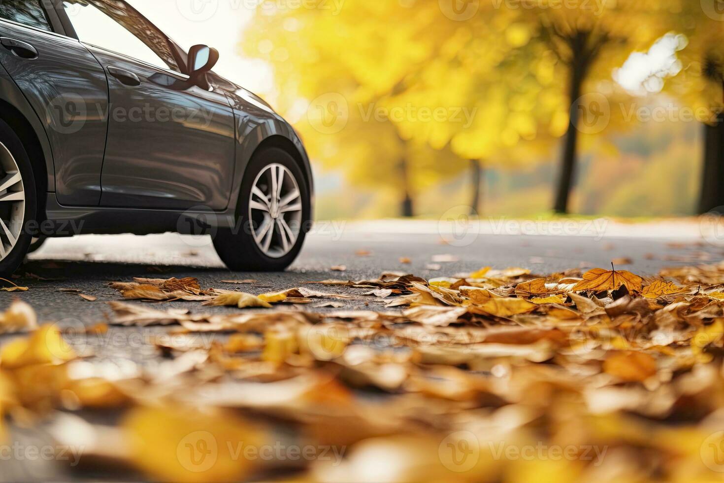 AI generated Car on asphalt road on an autumn day at the park. AI Generated photo