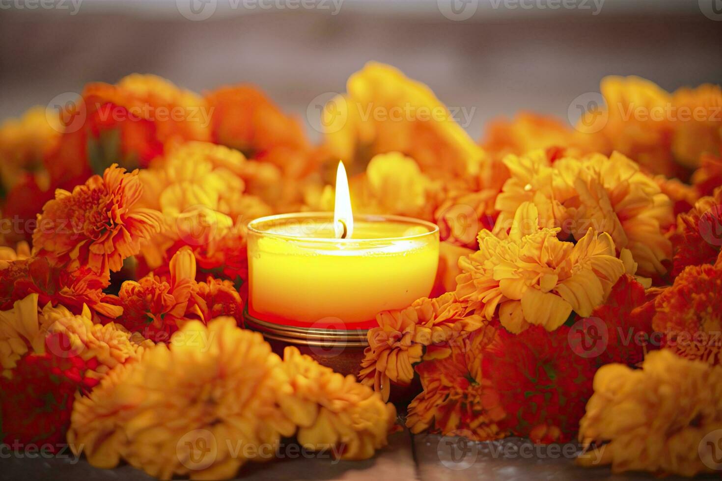 AI generated Candles and marigold flowers. Day of the dead concept dia de los muertos. AI Generated photo