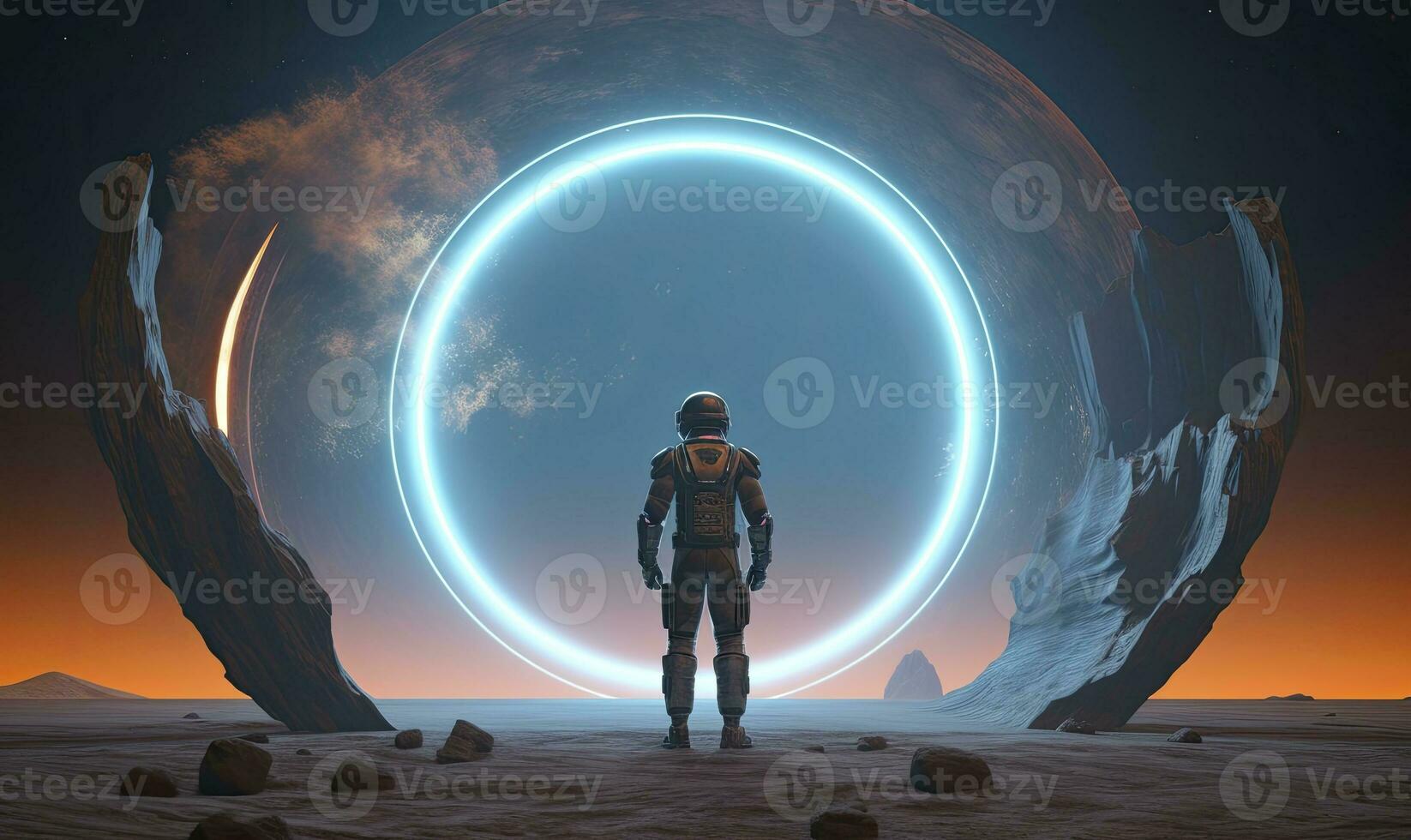 AI generated Astronaut in front of dimensional portal.  AI Generated. photo