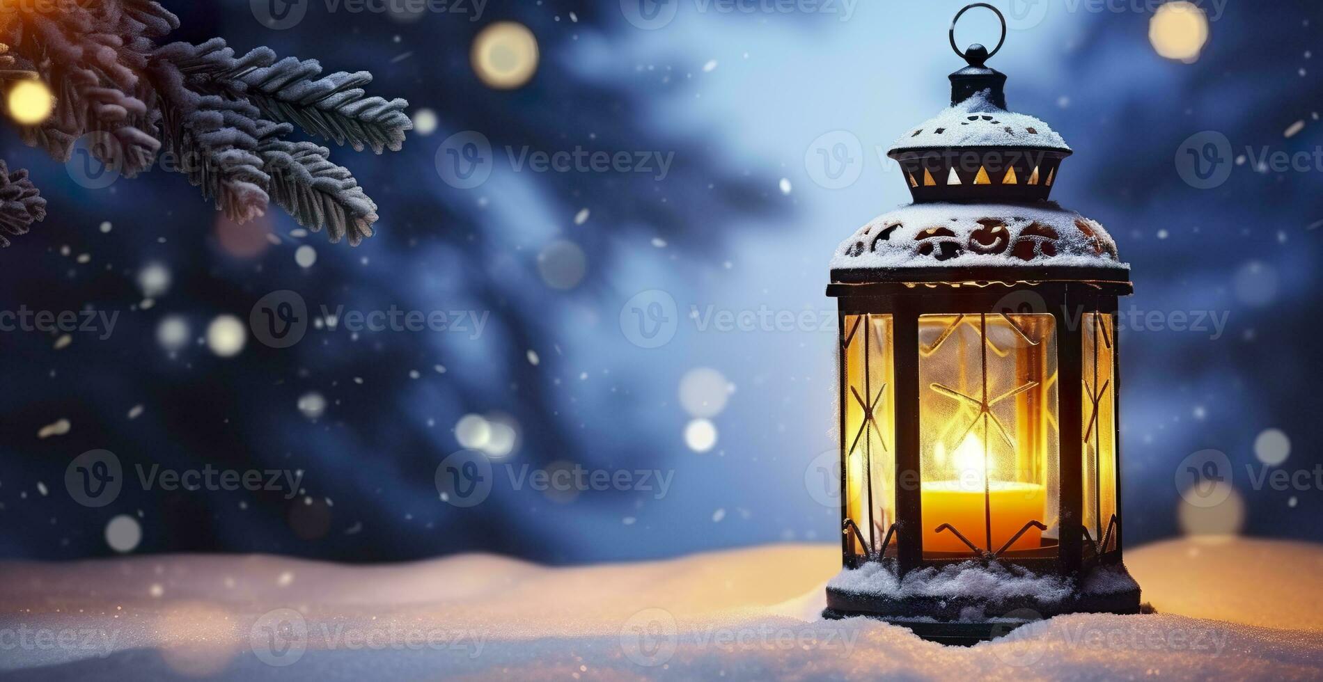 AI generated Christmas Lantern On Snow With Fir Branch In Evening Scene. Generative AI photo