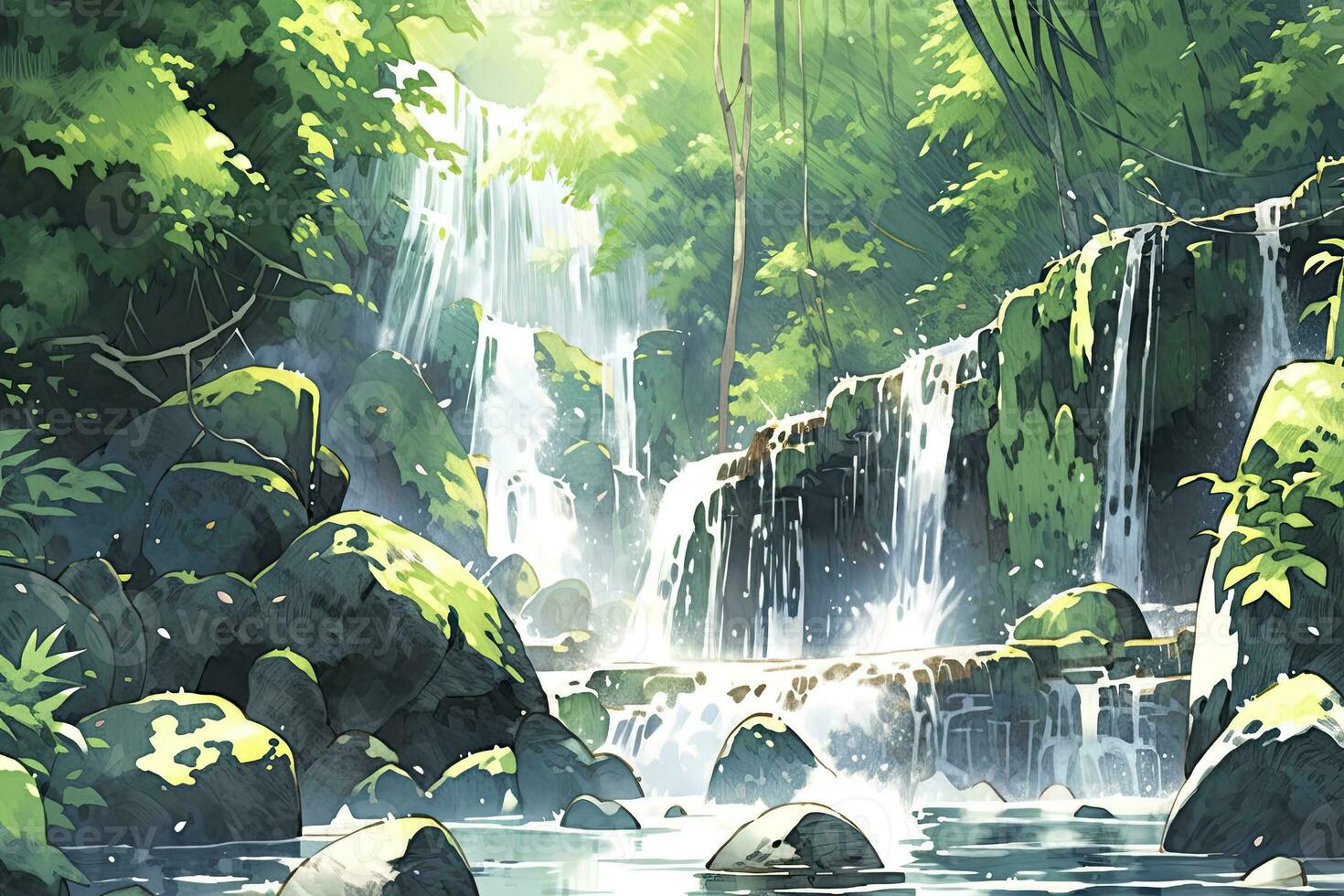 AI generated Watercolor scene of a cascading waterfall surrounded by rainforest. AI Generated. photo