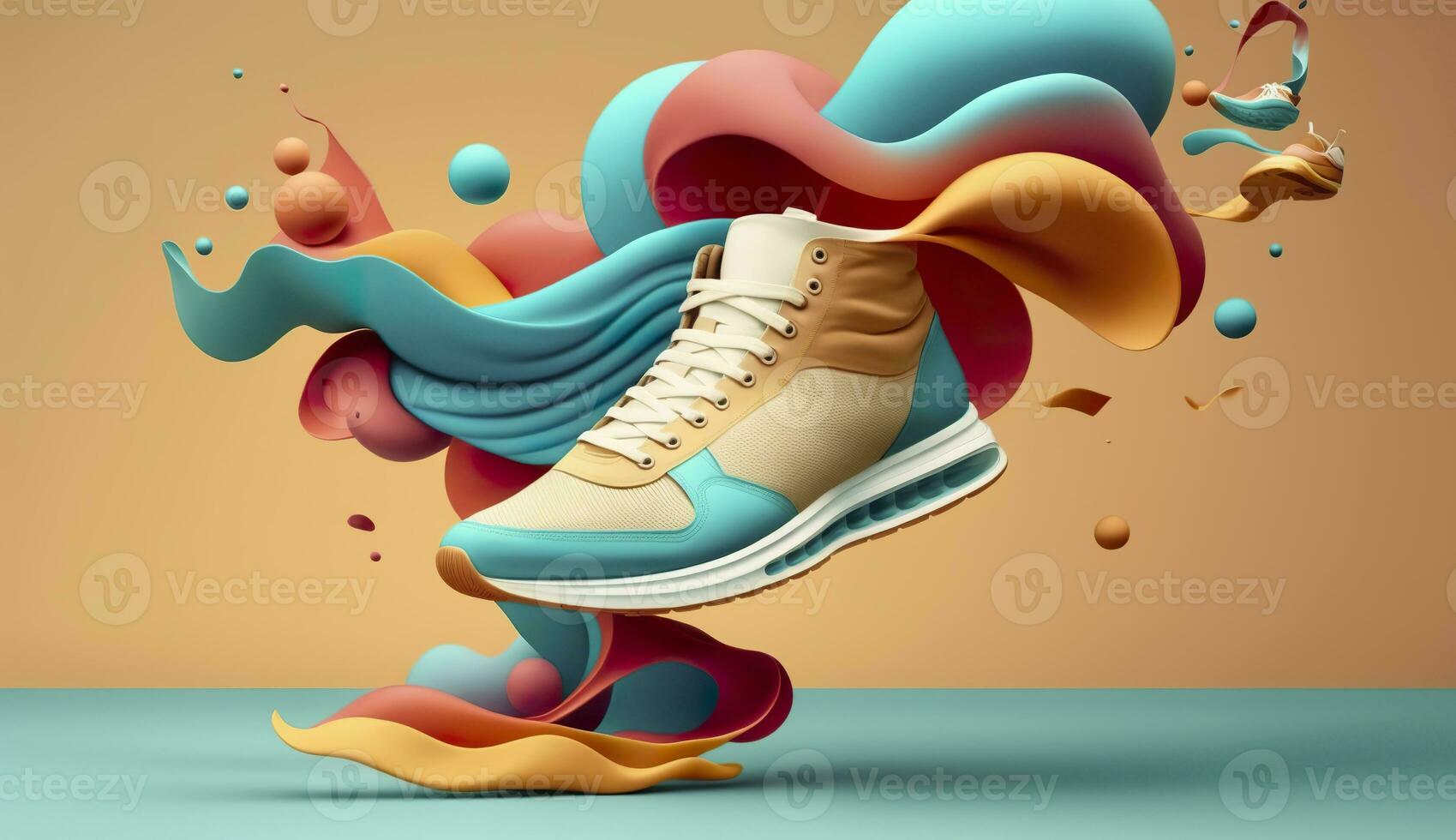 AI generated Flying trendy sneakers on creative colorful background, Stylish fashionable concept. AI Generated photo