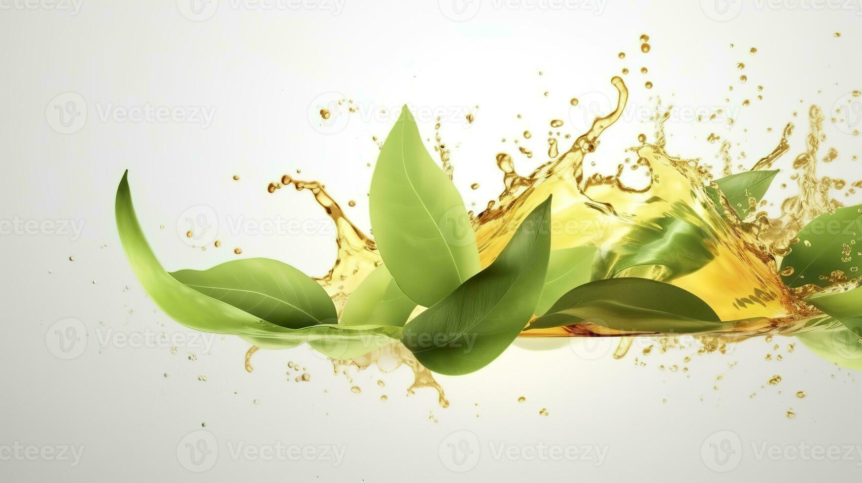 AI generated Green herbal tea wave splash with leaves flow. AI Generated photo