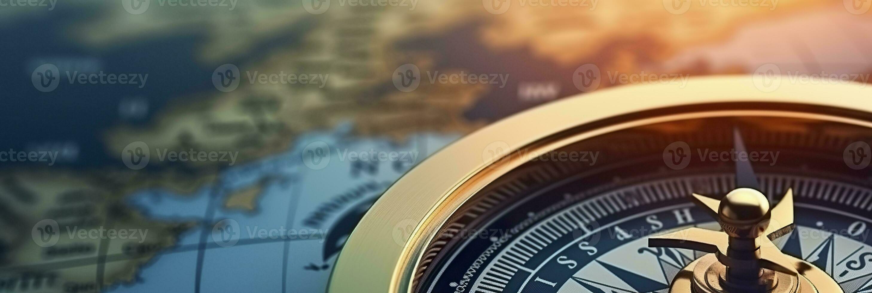 AI generated Magnetic compass and location marking with a pin on routes on world map. AI Generated photo