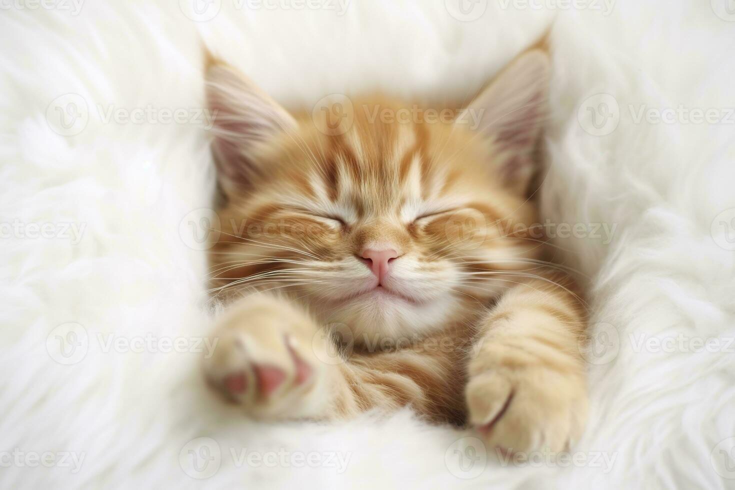 AI generated Red kitten, cat sleeping cute on white fur. Generative AI photo