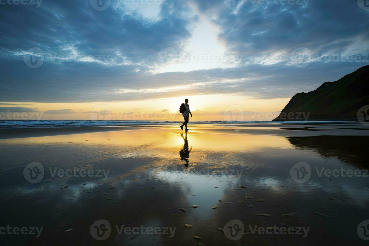 AI generated A person walking on the beach at sunset. AI Generated. photo