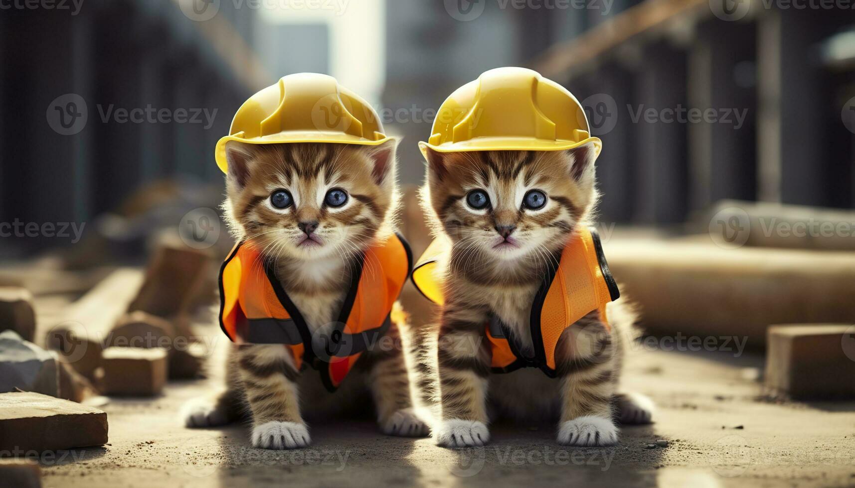 AI generated Two kittens wearing hard hats on a construction site. Generative AI photo