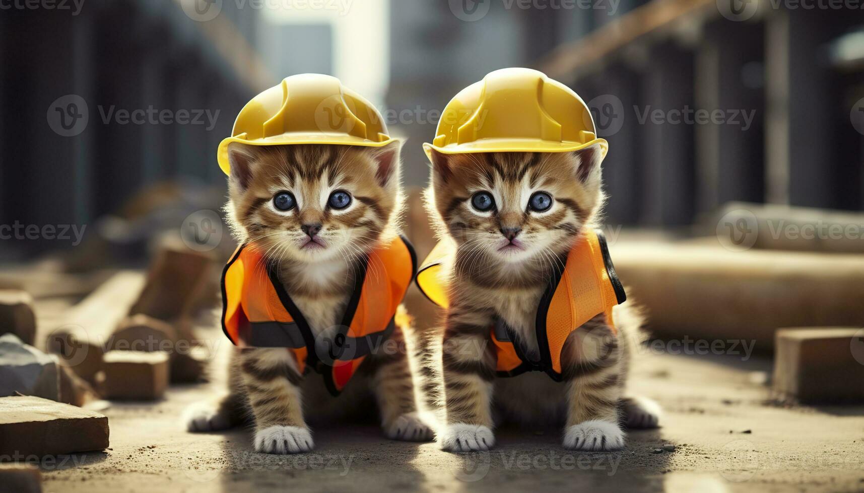 ai generado dos gatitos vistiendo difícil sombreros en un construcción sitio. generativo ai foto