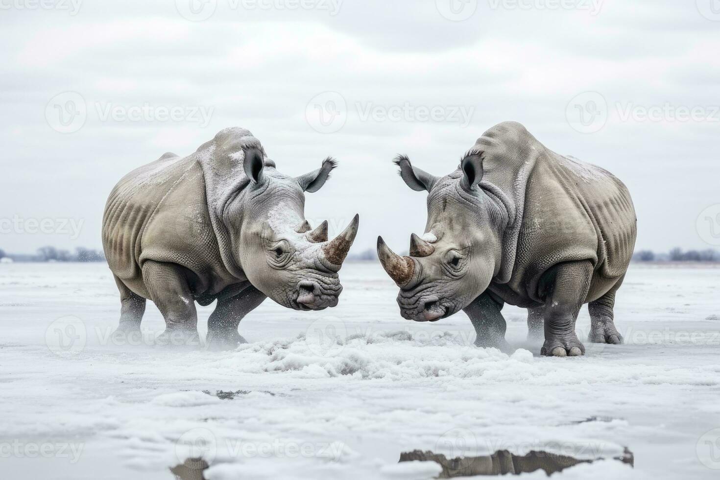 AI generated Two Rhinoceros getting ready for fight on Ice. AI Generated photo