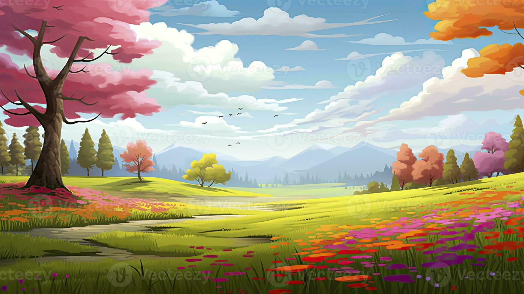 AI generated Spring season with colorful flowers and trees in a pretty meadow or field. AI Generated. photo