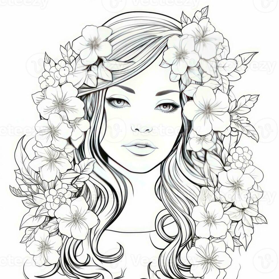 AI generated A girl on a coloring book page with Jasmine flowers. AI Generated photo