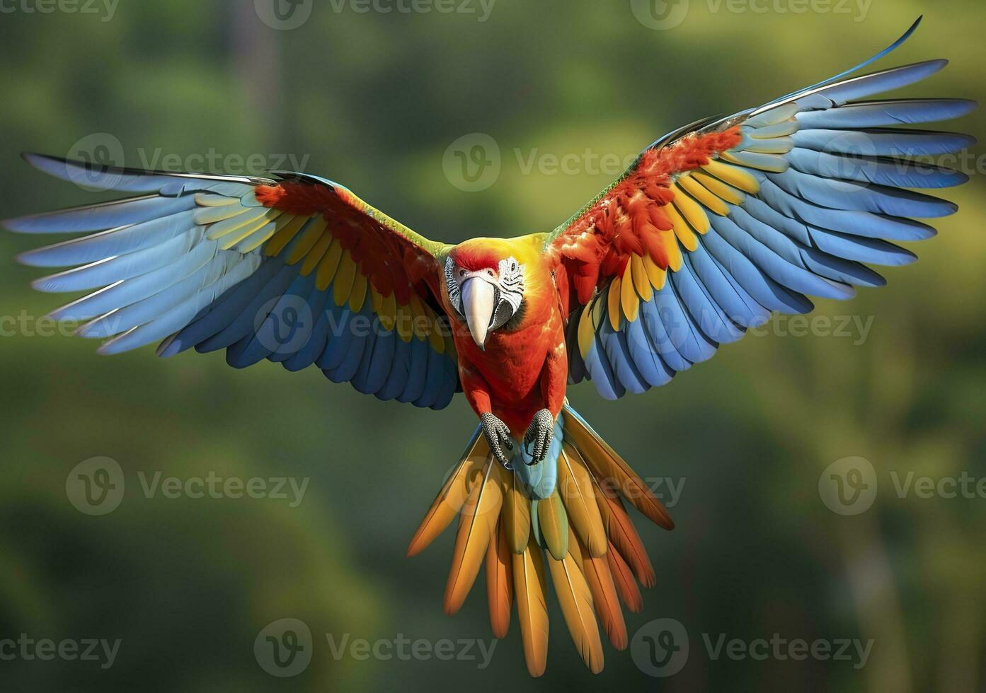 AI generated Flying macaw, beautiful bird. Generative AI photo