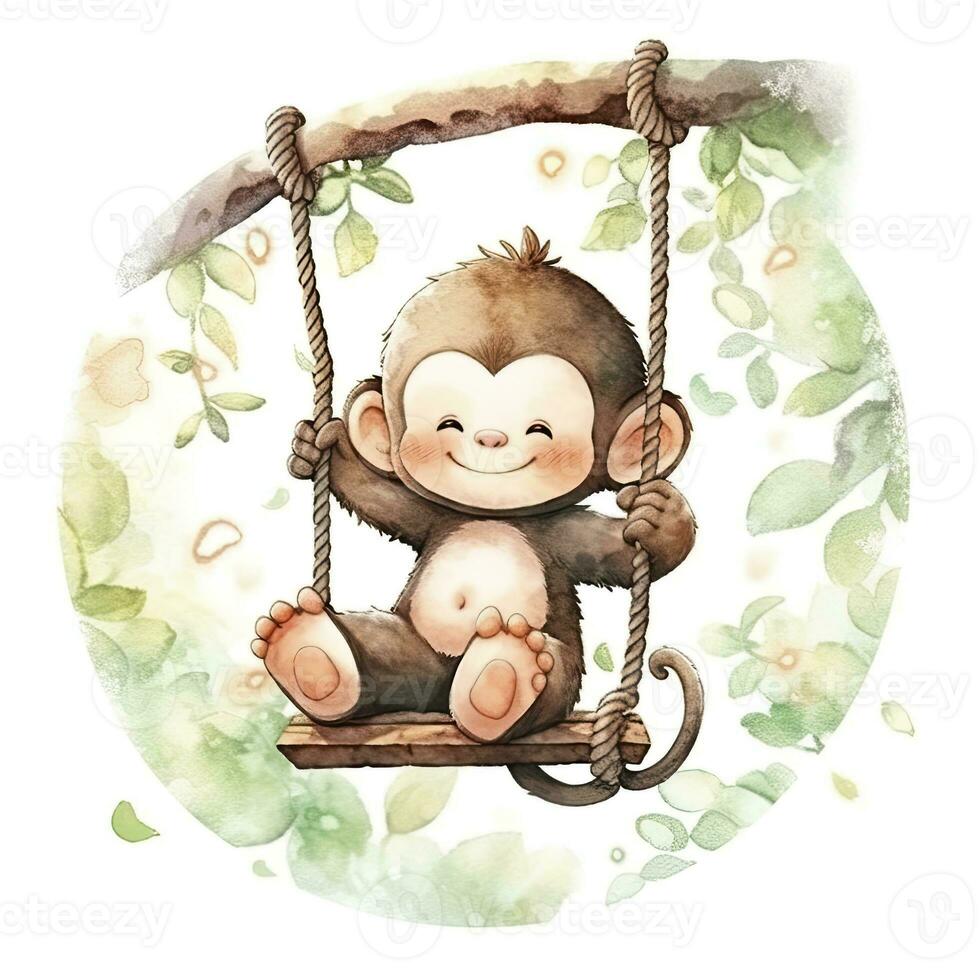 AI generated Cute happy baby monkey on swings on a tree in watercolor. AI Generated photo