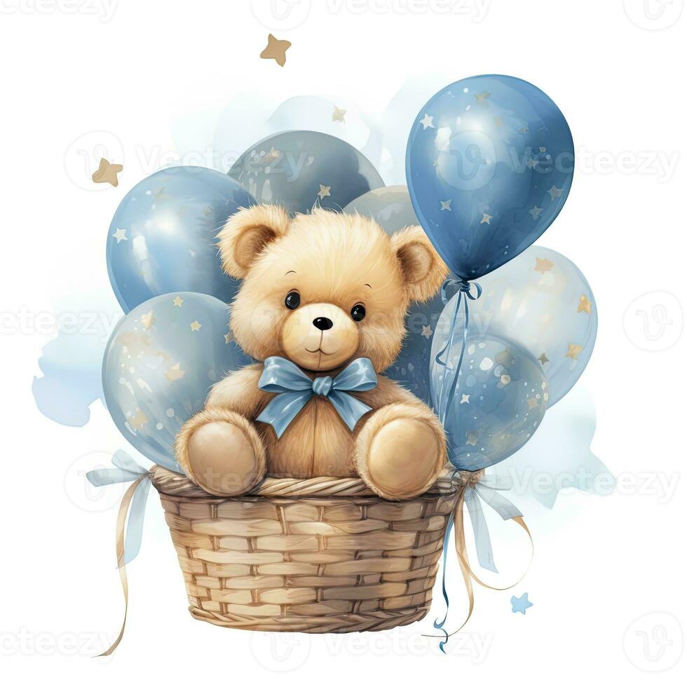 AI generated A watercolor baby teddy bear is sitting in the basket with blue and gold balloons. AI Generated photo