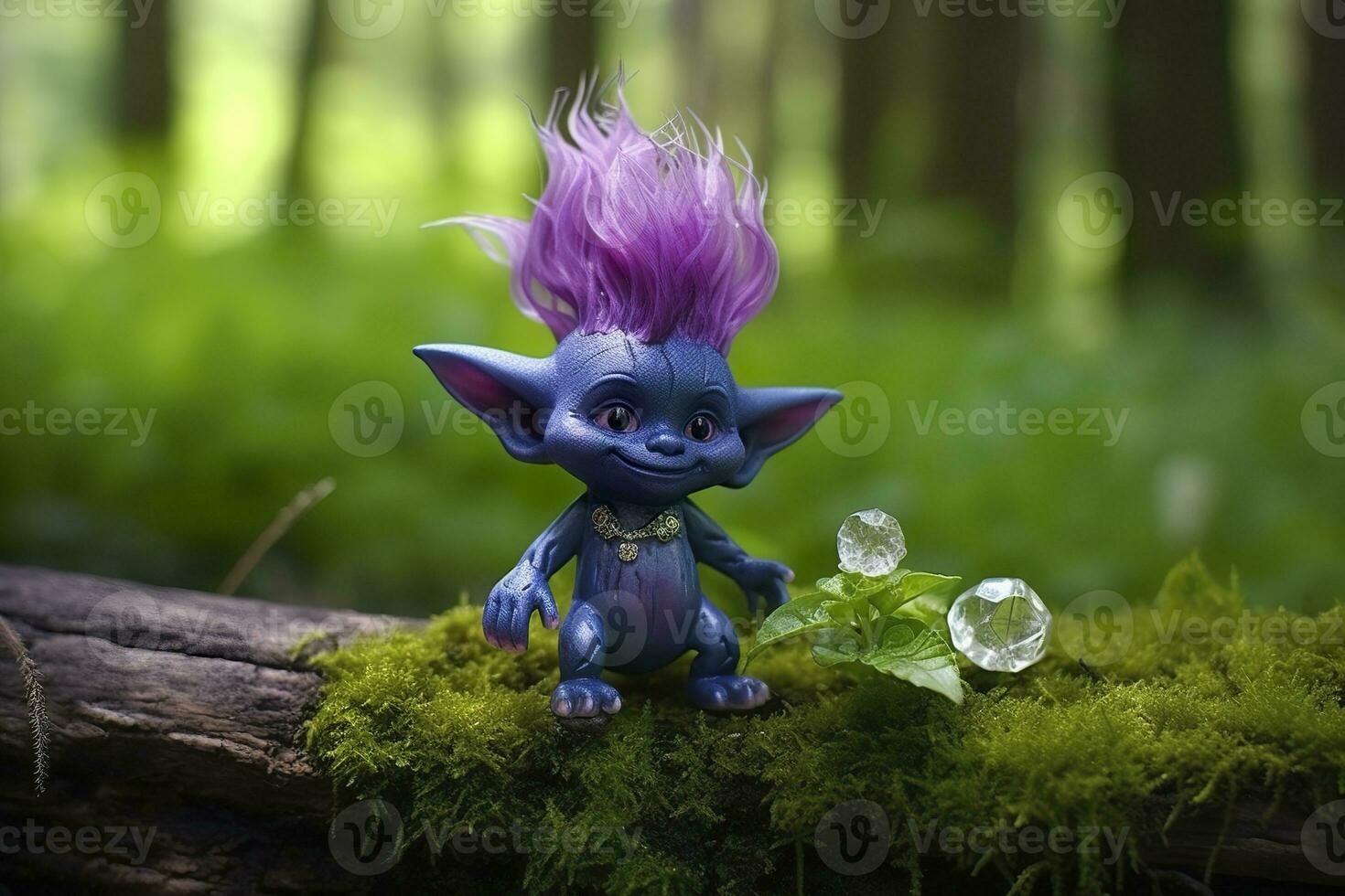 AI generated Tale troll with crystals in the forest, natural green background. Generative AI photo