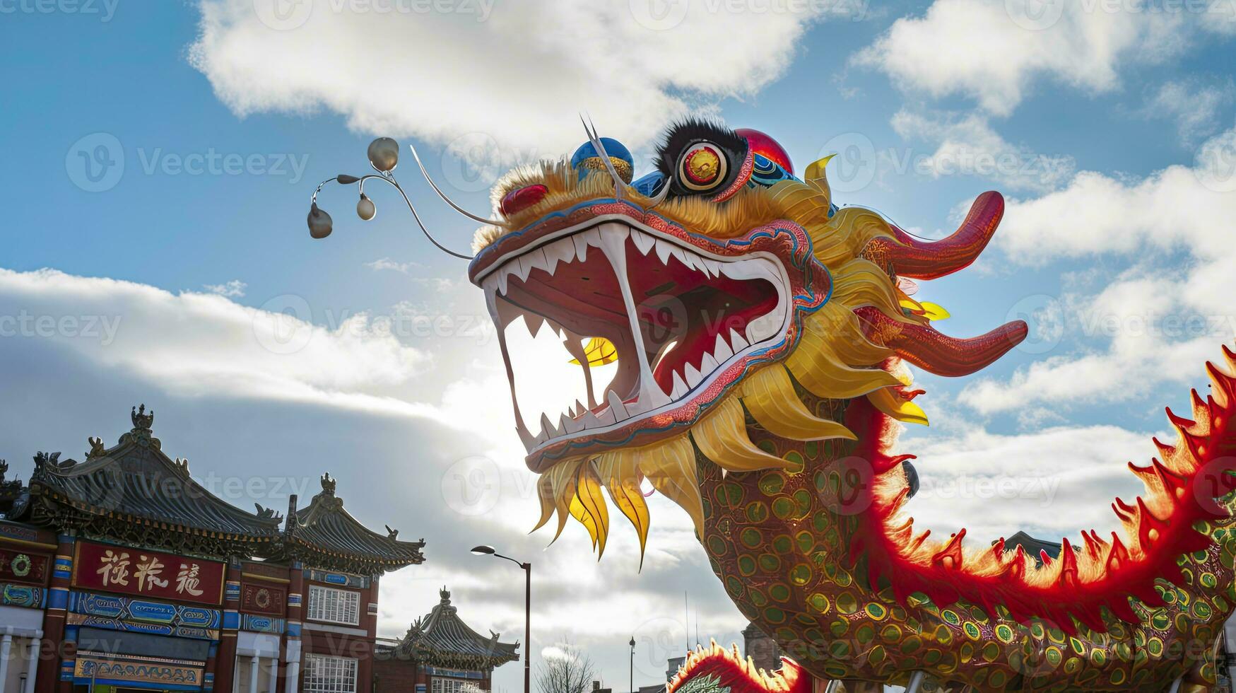 AI generated Chinese Dragon under a bright sky. AI Generated photo