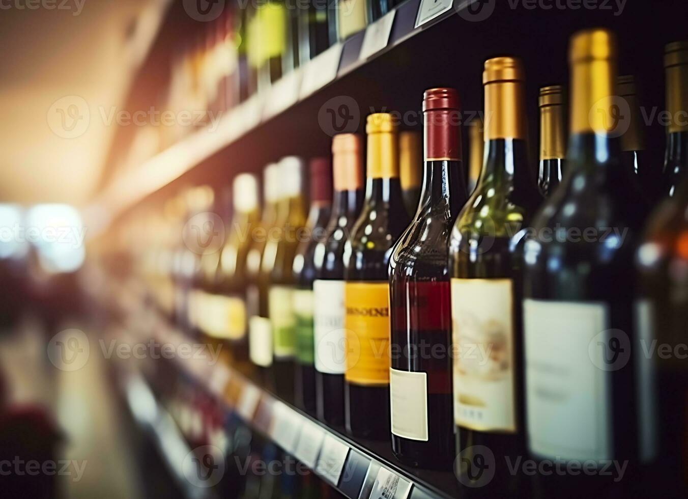 AI generated Abstract blur wine bottles on liquor alcohol shelves in supermarket store background. Generative AI photo