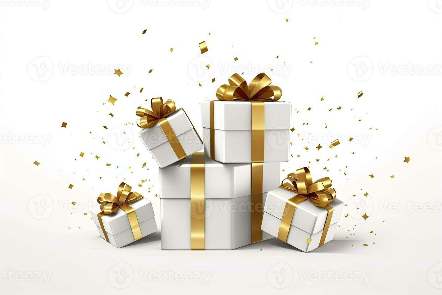 AI generated Merry New Year and Merry Christmas 2024 white gift boxes with golden bows and gold sequins confetti on white background. AI Generated photo