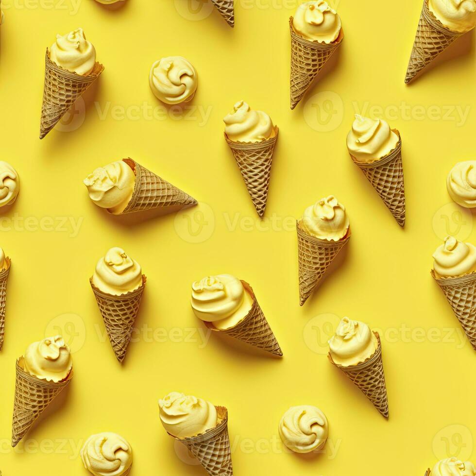 AI generated Ice Cream pattern on yellow background, top view. AI Generated photo