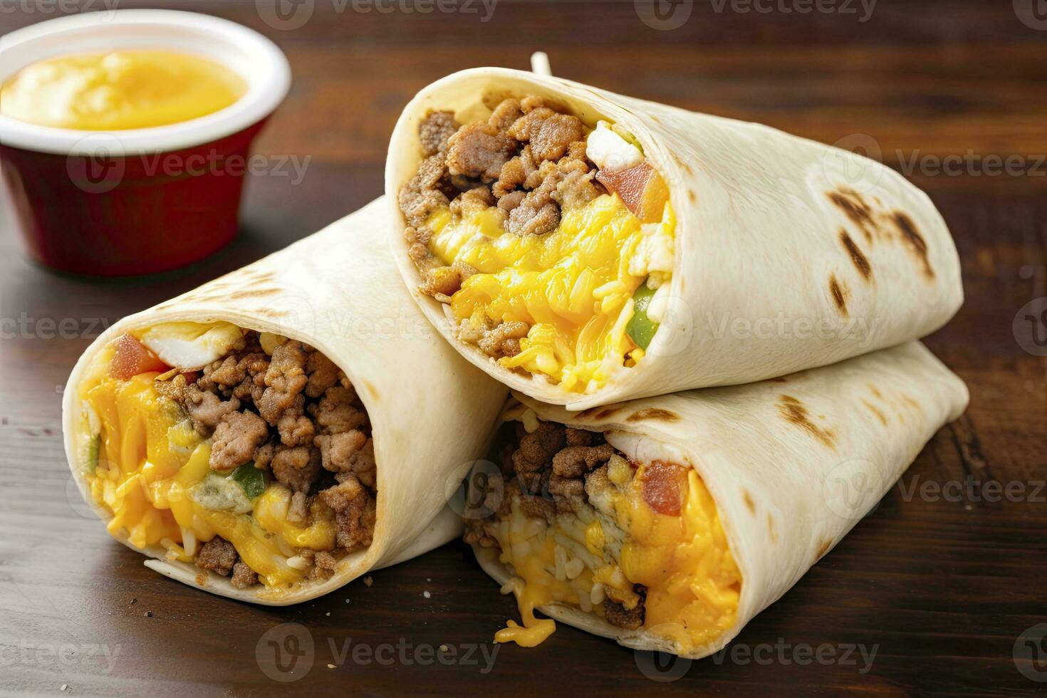 AI generated Breakfast burrito with sausage, eggs, hashbrown and cheese. AI Generated photo