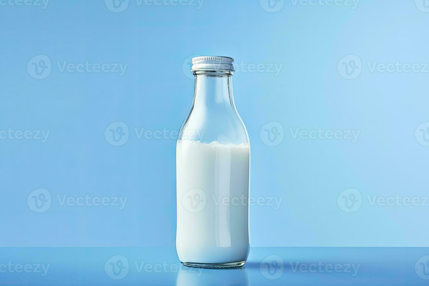 ai generado un vaso botella con lleno Leche en azul antecedentes. ai generado foto