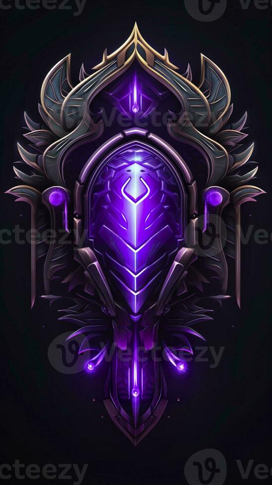 AI generated Amethyst 3D Minimalist Shield Design with a black or dark background with neon lines. AI Generative photo