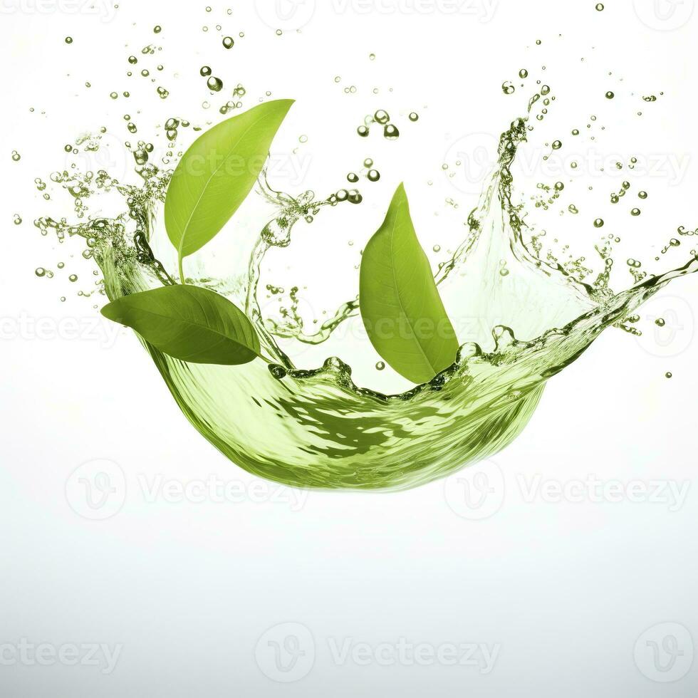 AI generated Green herbal tea wave splash with leaves flow. AI Generated photo