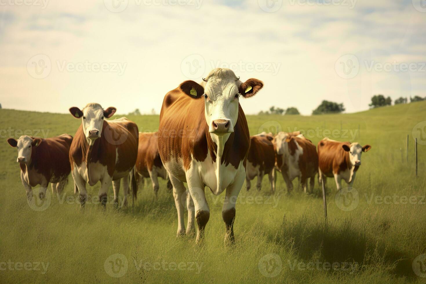 AI generated Group of cows standing in a grassy field. AI Generated photo