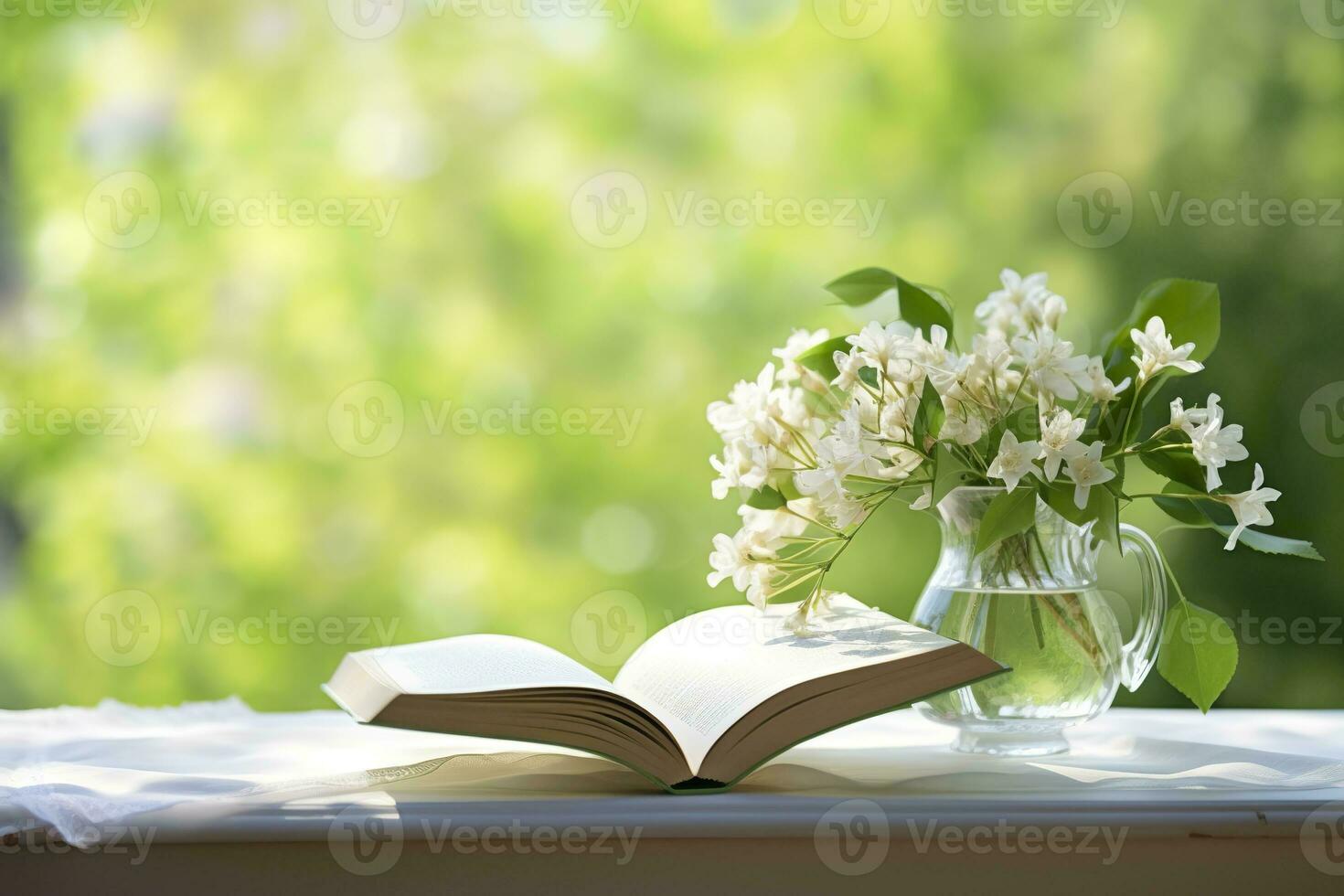 AI generated Jasmine flowers in a vase and open book on the table, green natural background. AI Generated photo