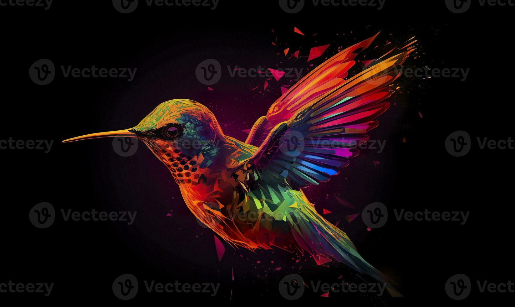 AI generated hummingbird logo with multiple colors flying through the air.  AI Generated photo