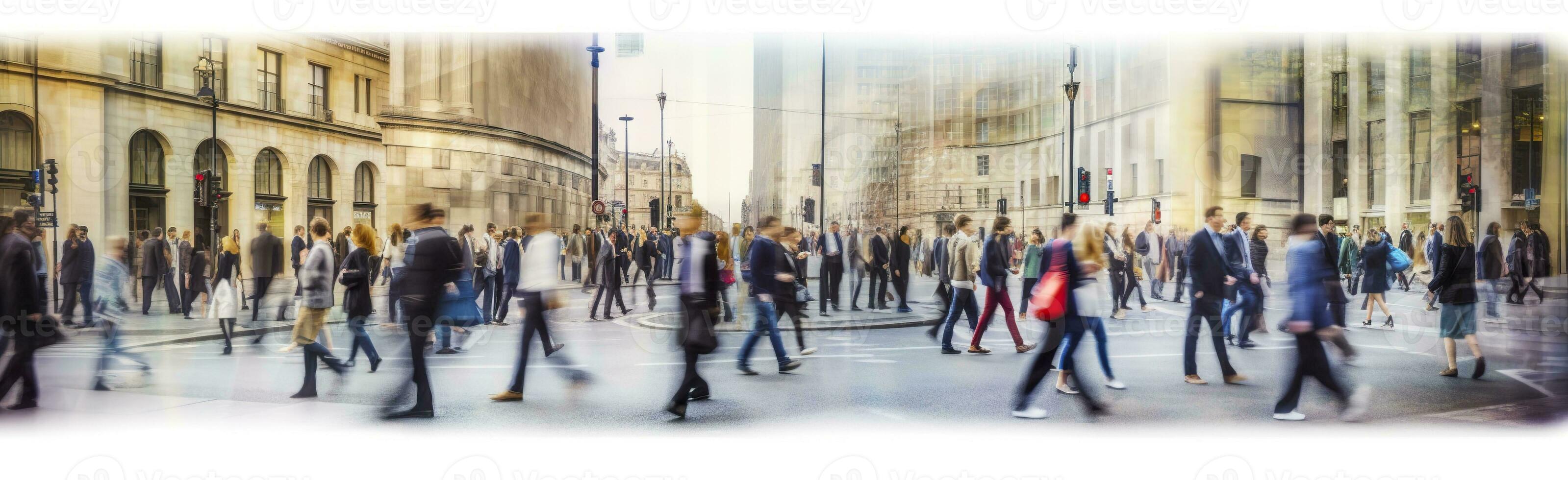 ai generado caminando personas difuminar. un montón de personas caminar en el ciudad de Londres. amplio panorámico ver de personas cruce el la carretera. ai generado foto