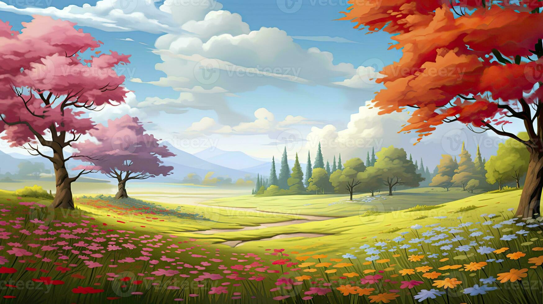 AI generated Spring season with colorful flowers and trees in a pretty meadow or field. AI Generated. photo