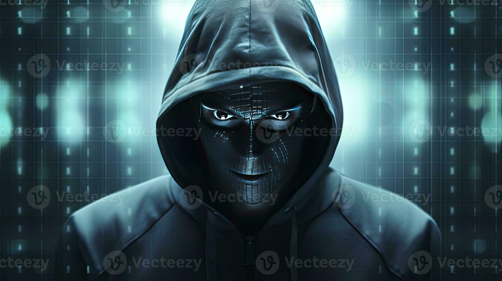AI generated Binary Intrigue. Anonymous robotic hacker. Concept of hacking. AI Generated photo