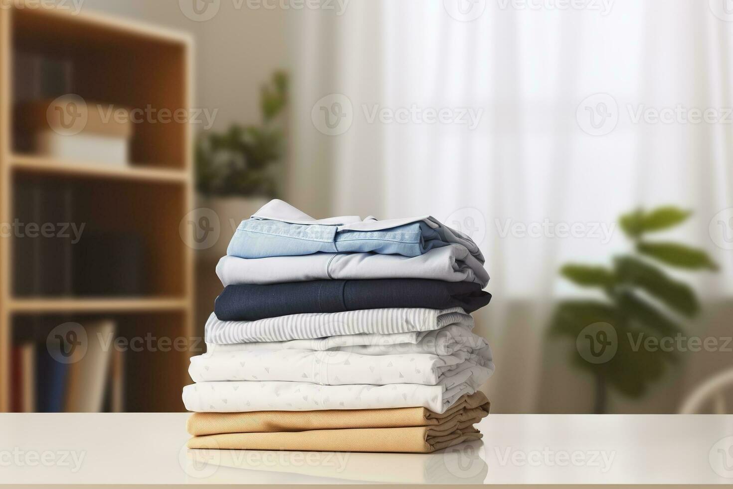 AI generated Stack of clean clothes on table in room. Generative AI photo