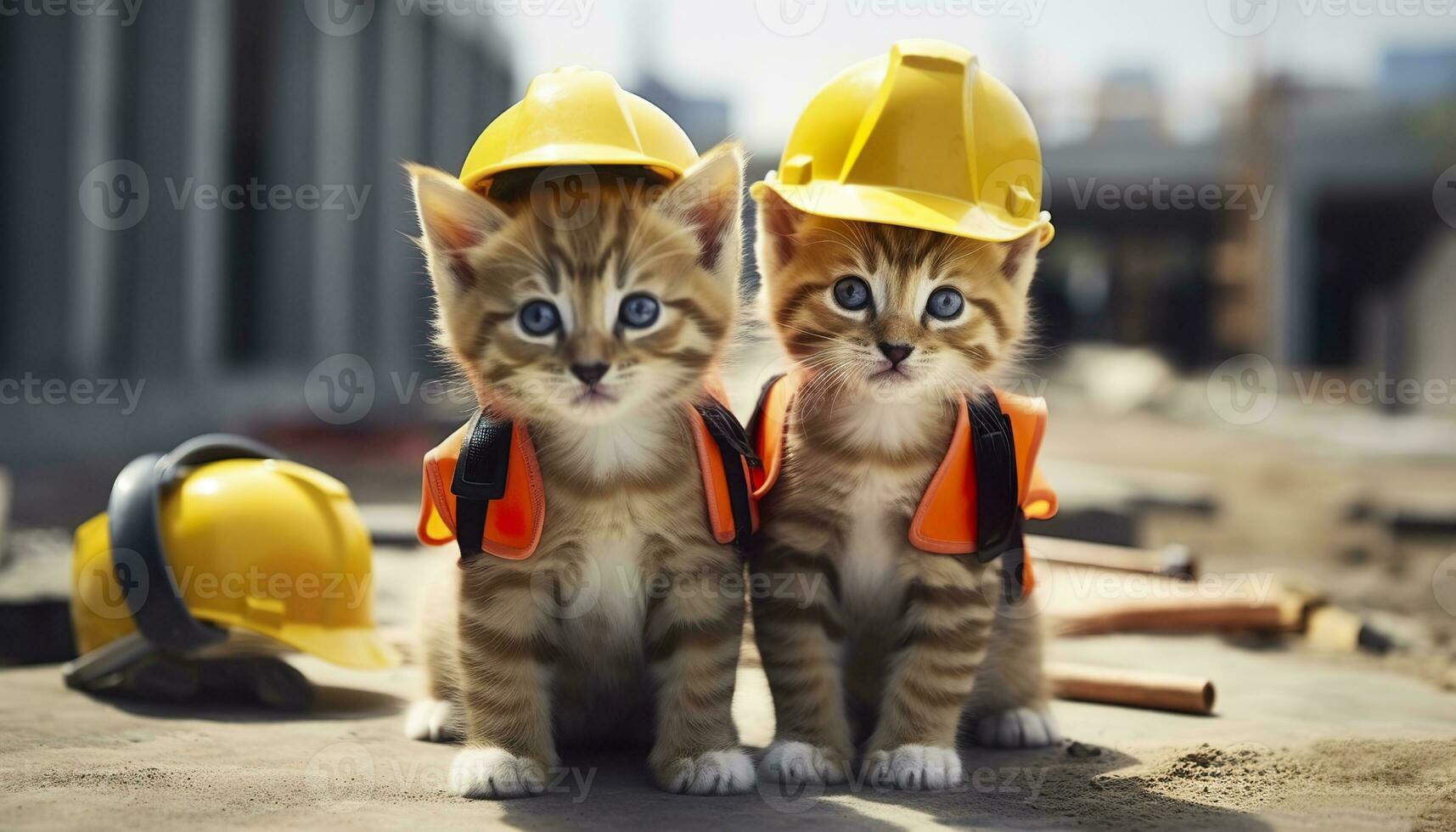 AI generated Two kittens wearing hard hats on a construction site. Generative AI photo