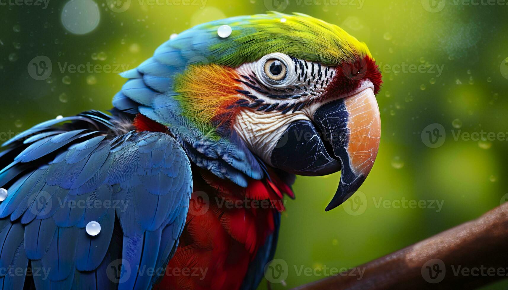 AI generated Tropical macaw perched, vibrant feathers in focus. Generative AI photo