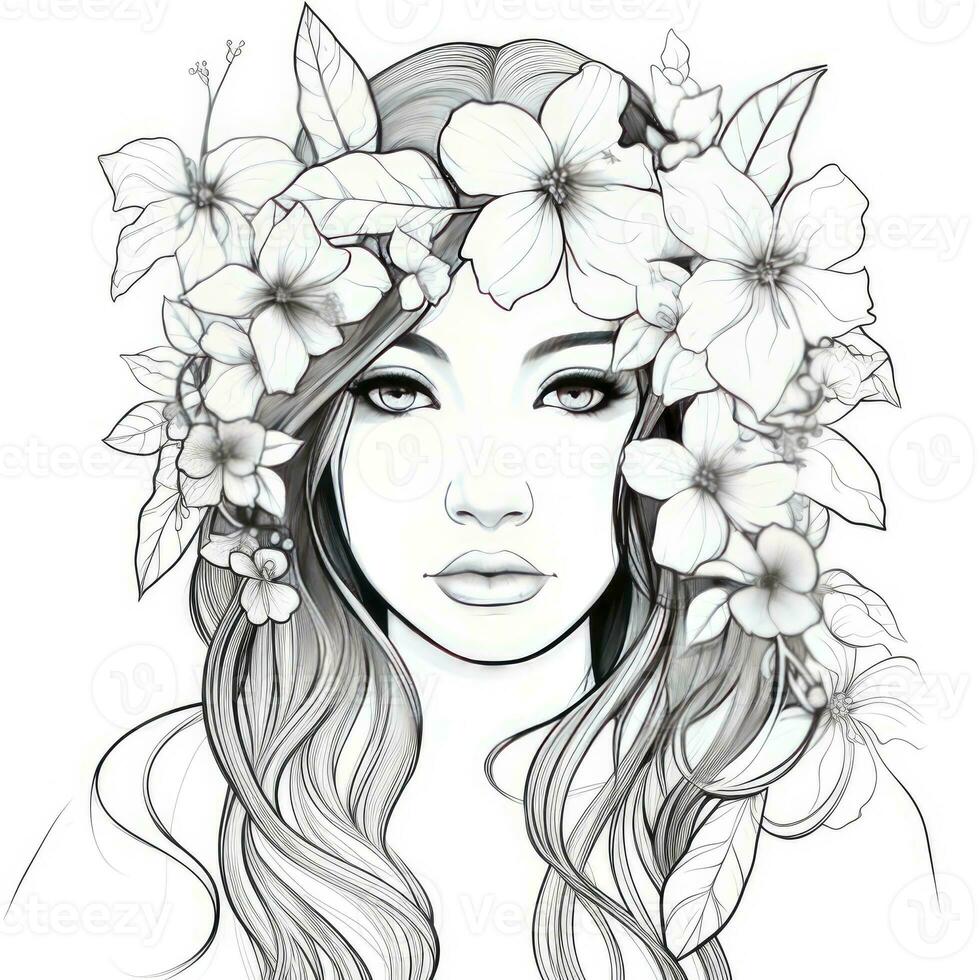 AI generated A girl on a coloring book page with Jasmine flowers. AI Generated photo