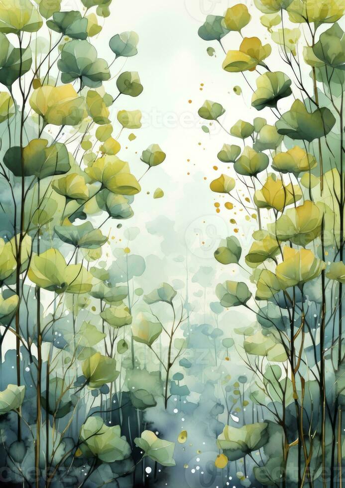 AI generated Floral frame with green leaves on white background. AI Generated photo