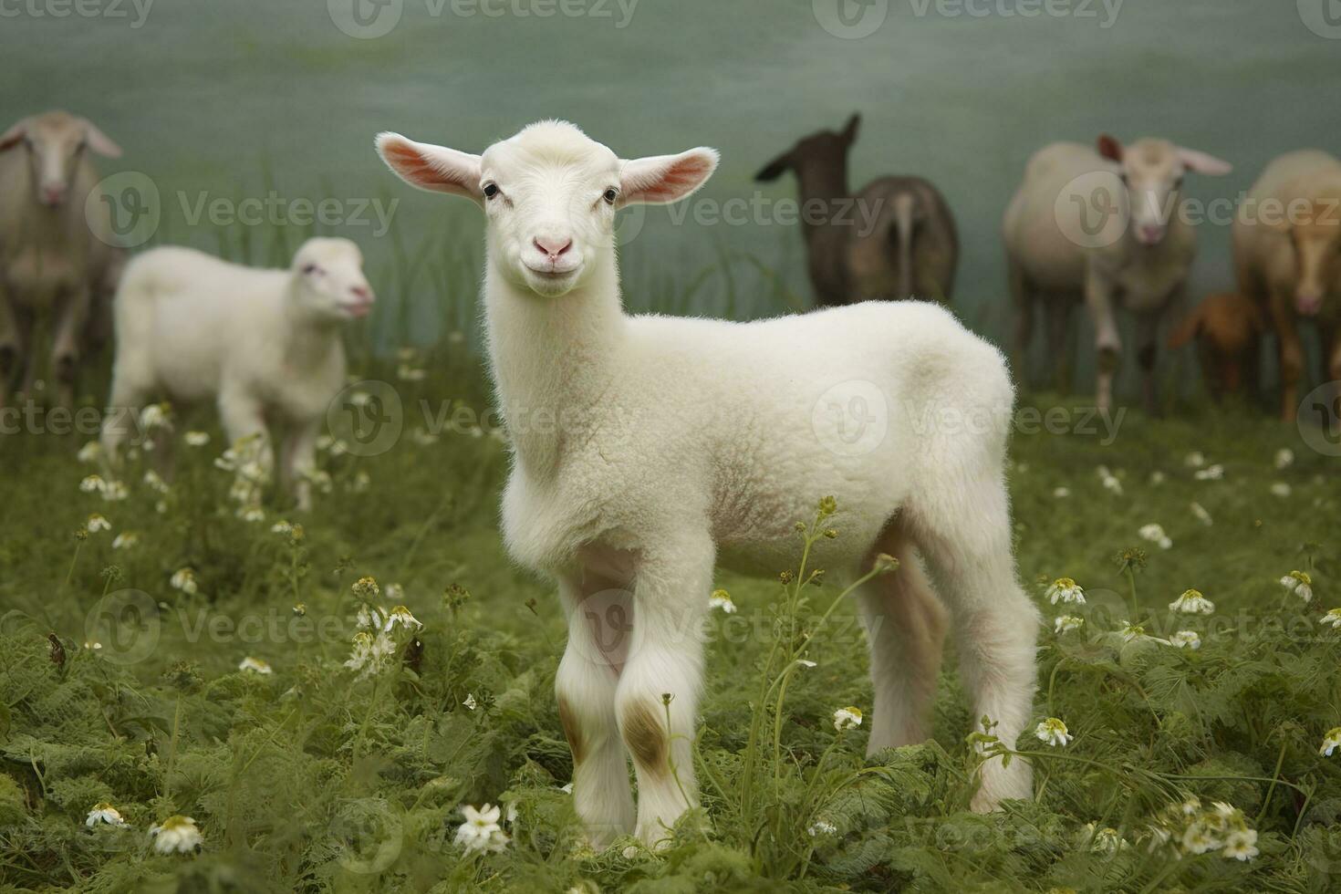 ai generado blanco Cordero en un campo en frente de otro animales generativo ai foto