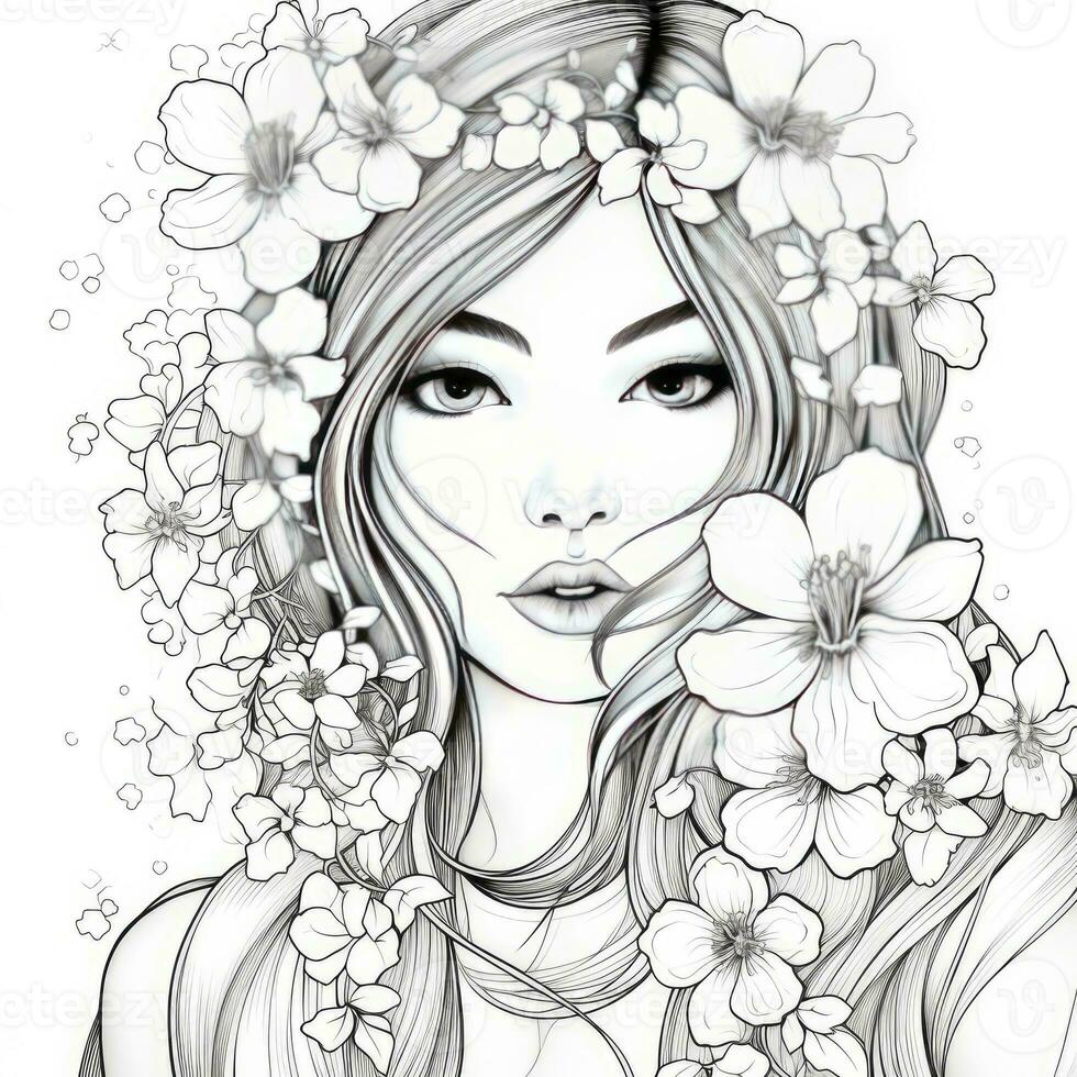 AI generated A girl on a coloring book page with Jasmine flowers. AI Generated photo