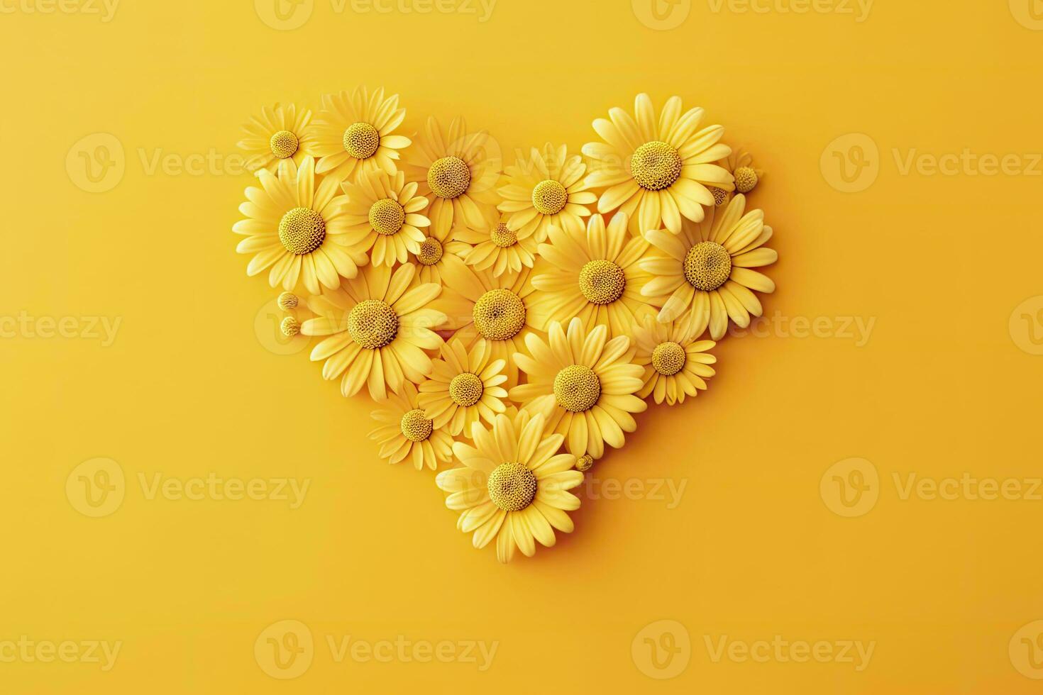 AI generated Yellow Heart Shaped By Yellow Daisies Over Yellow Background. AI Generated photo