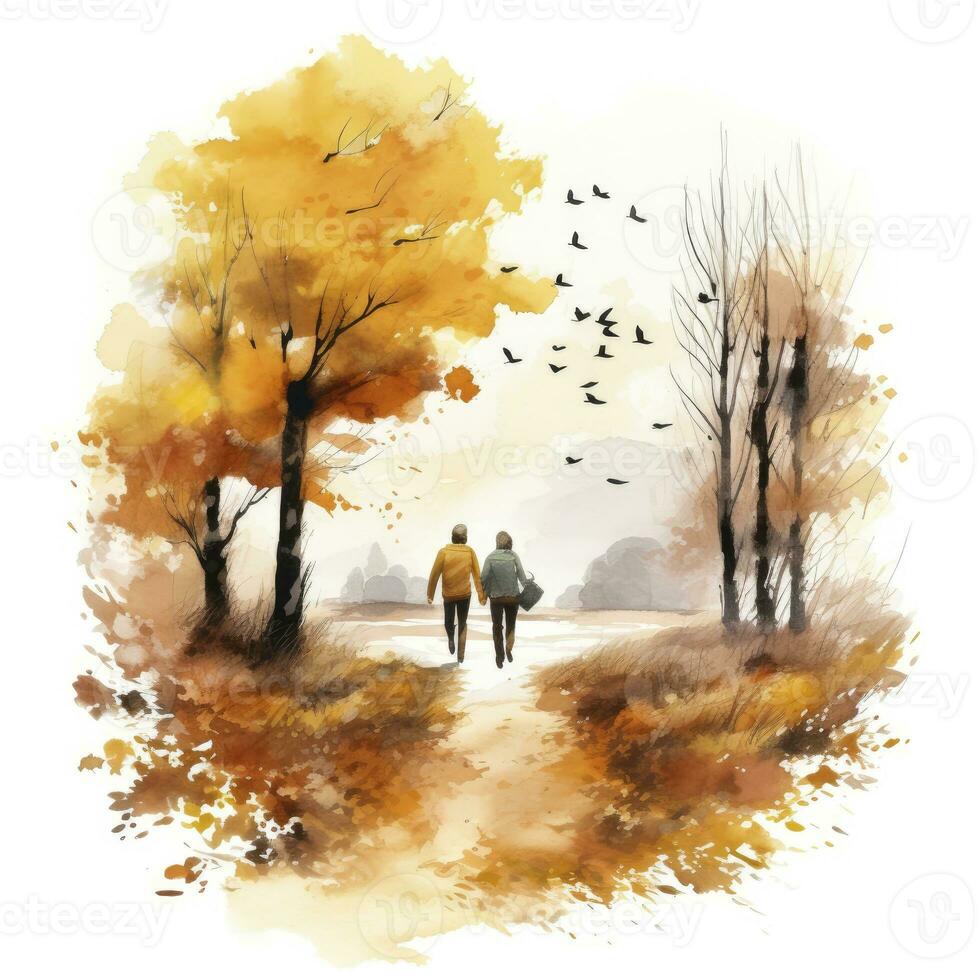 AI generated Watercolor autumn landscape with a couple walking. AI Generated photo