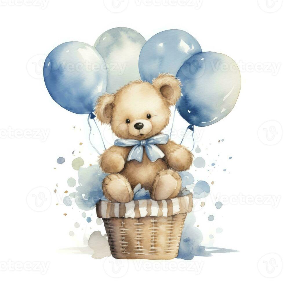 AI generated A watercolor baby teddy bear is sitting in the basket with blue and gold balloons. AI Generated photo