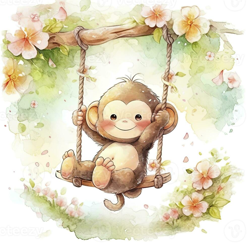 AI generated Cute happy baby monkey on swings on a tree in watercolor. AI Generated photo