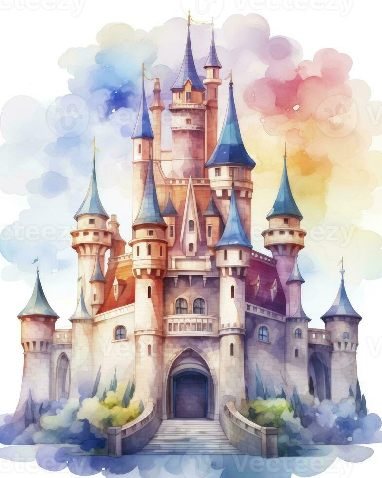 AI generated Colorful watercolor kawaii castle isolated on white background. AI Generated photo