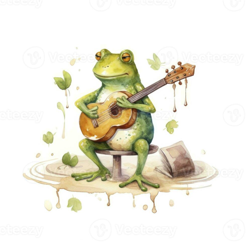 AI generated Watercolor green frog playing a tiny musical instrument on white background. AI Generated photo