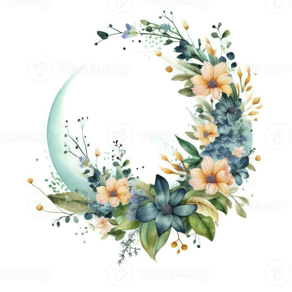 AI generated Watercolor floral Moon with greenery on a white background. AI Generated photo