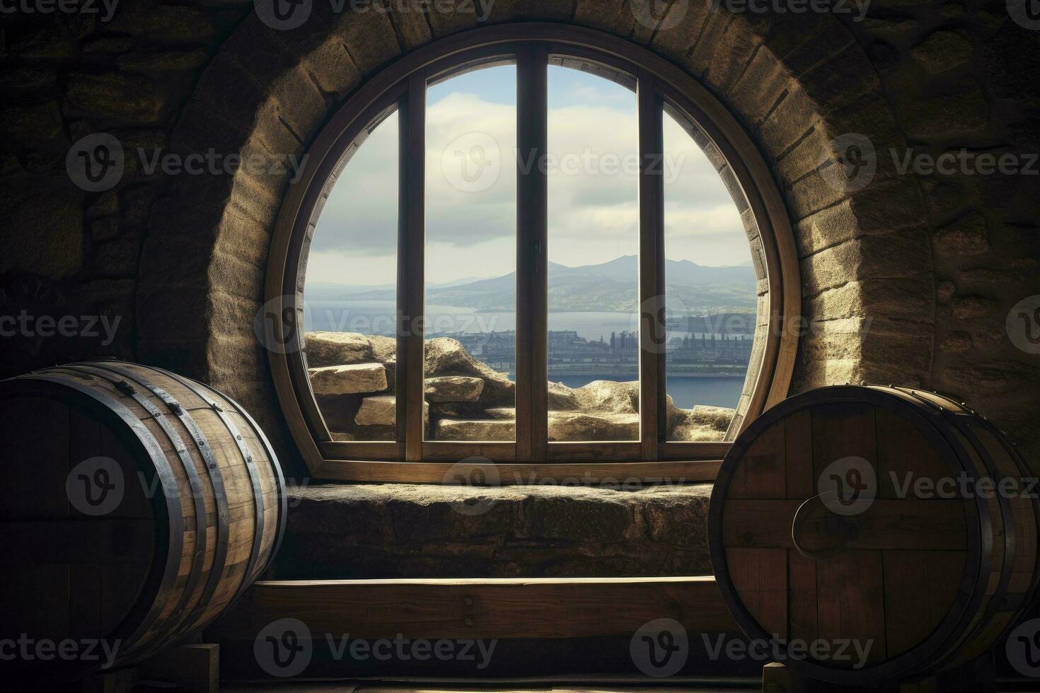AI generated Barrel in an ancient castle beside the window. AI Generated photo