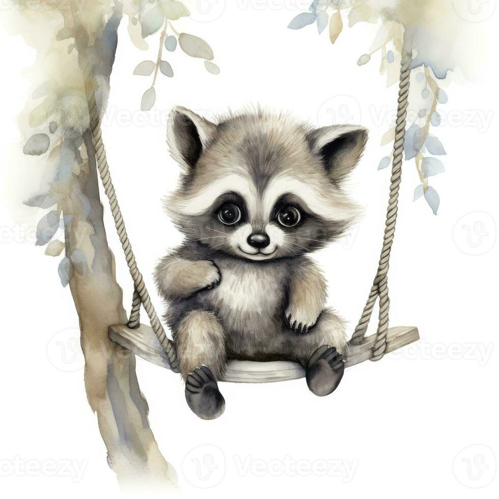 AI generated Cute baby raccoon in watercolour style, sitting on swings attached to the tree. AI Generated photo