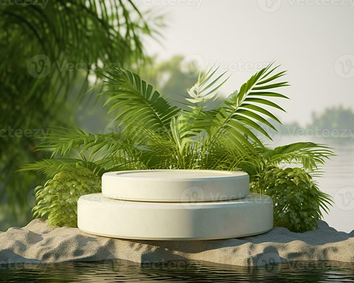 AI generated Stone product display podium for cosmetic product with green nature garden background. Generative AI photo